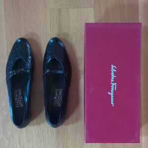Salvatore Ferragamo Black Embossed Leather Flats